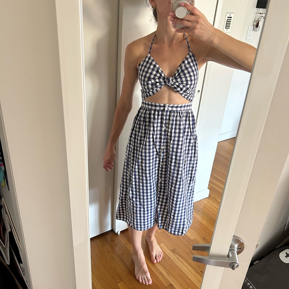 Zara Blue and White A-Line Midi Skirt with Tie Front